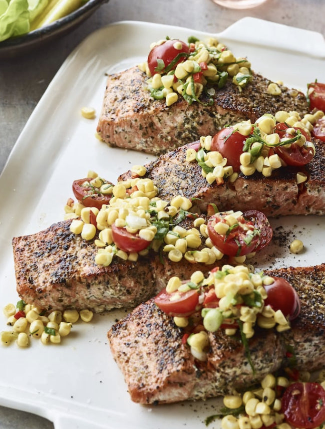 Crispy King Salmon with Summer Succotash and Smashed Potatoes